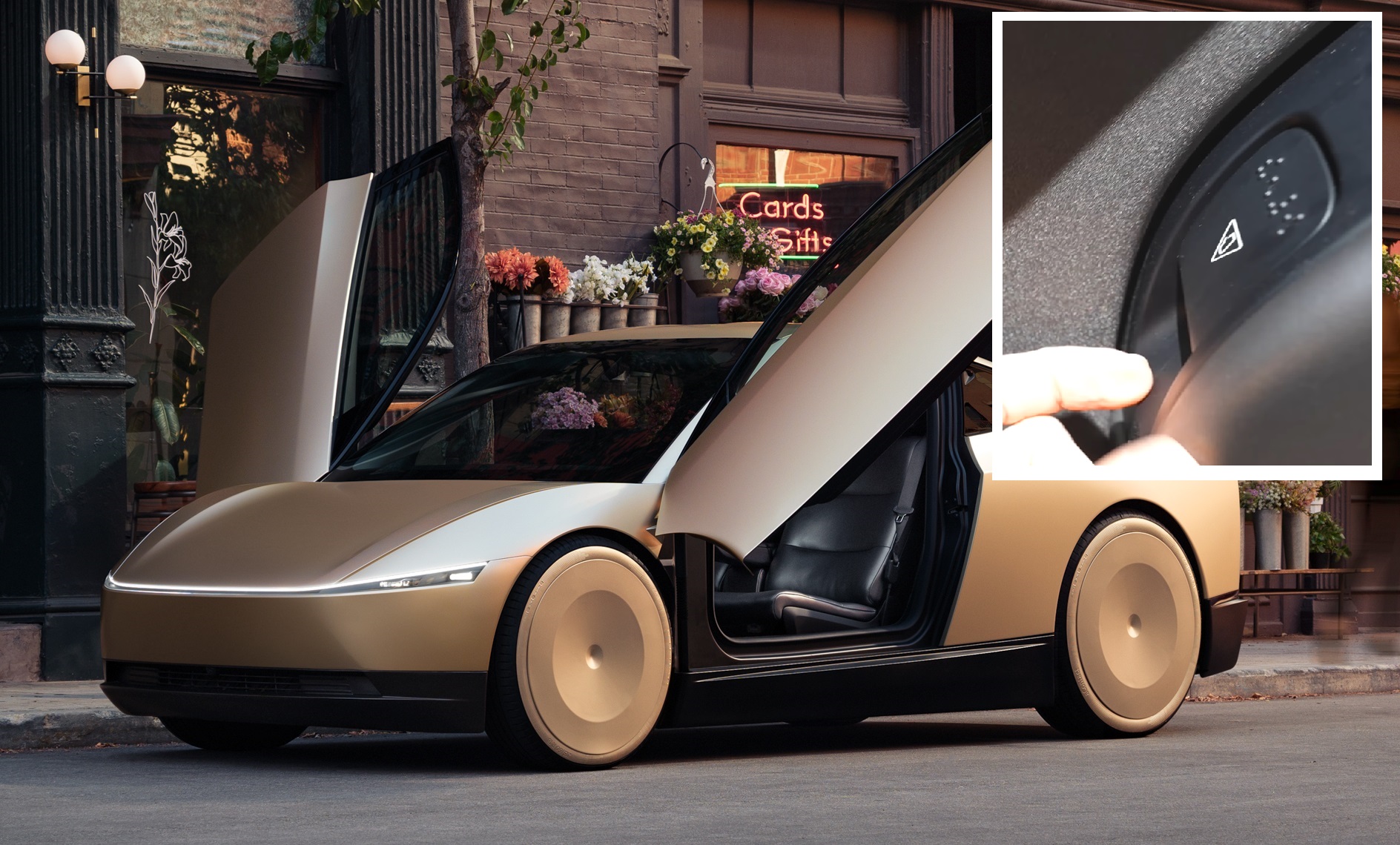 Видео | Первые детальные изображения Cybercab Tesla. У него нет руля, но есть створка для открытия дверей.